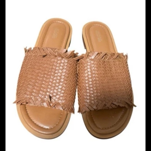 Michael Kors Dee Woven Leather Slides Brown Sandals Size 9M Open Toe - Picture 1 of 15